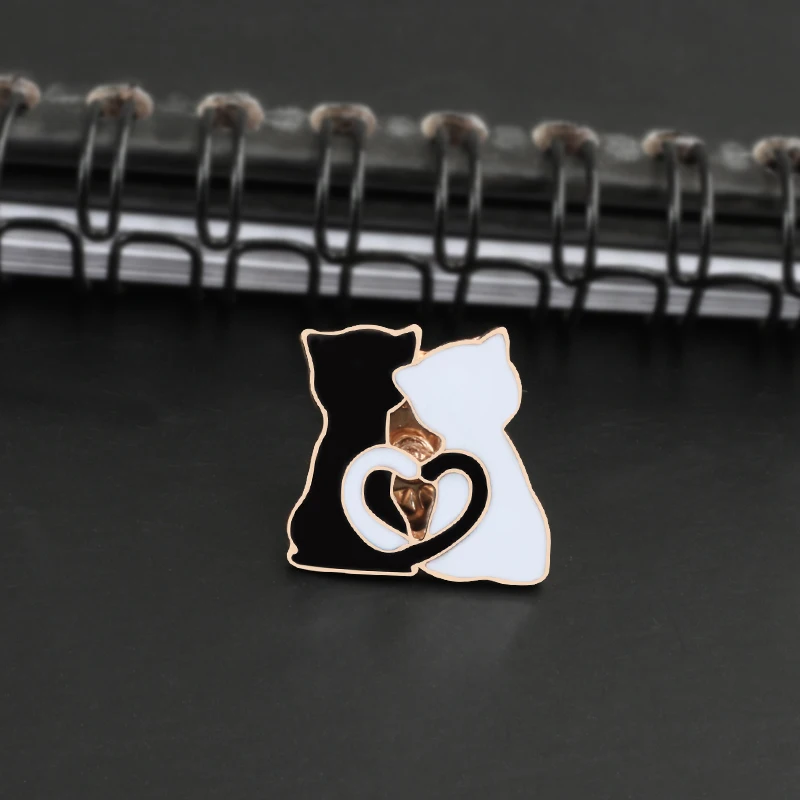 shshd Cartoon Black White Cat Fish Bone Brooch Animal Enamel Pins for Women Men Shirts Lapel Pin Badge Couple Jewelry Lover Gift