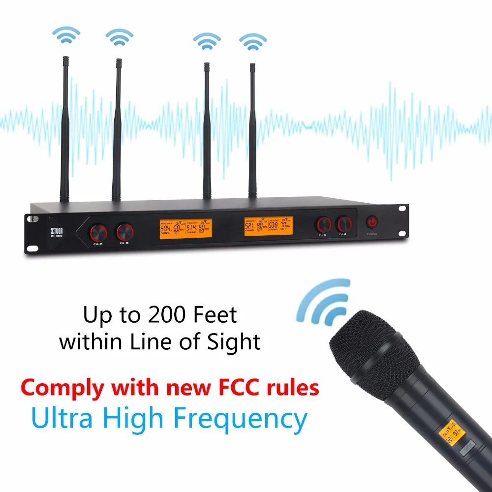 XTUGA A-400 Metal Material 4-Channel UHF Wireless Microphone System with 2 BodyPack and 2 Handheld for Stage Church Family Party