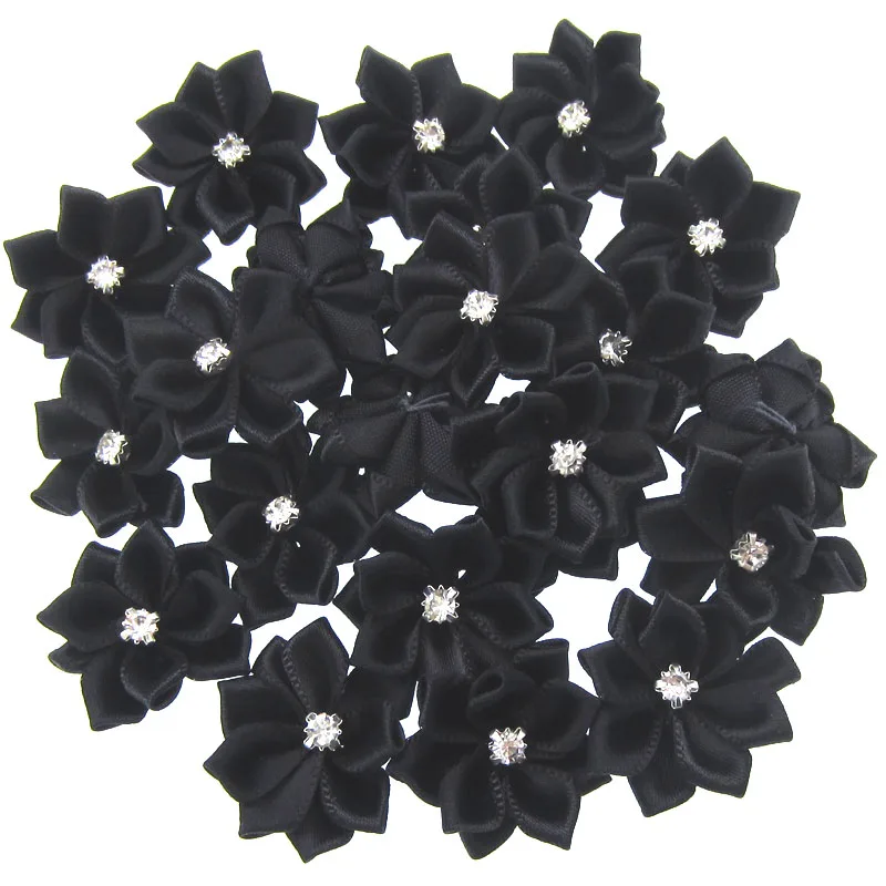 40Pcs Black Small Satin Flowers Fabric Rhinestone Flowers Appliques Sewing Decoration Wedding Garment 2.8cm