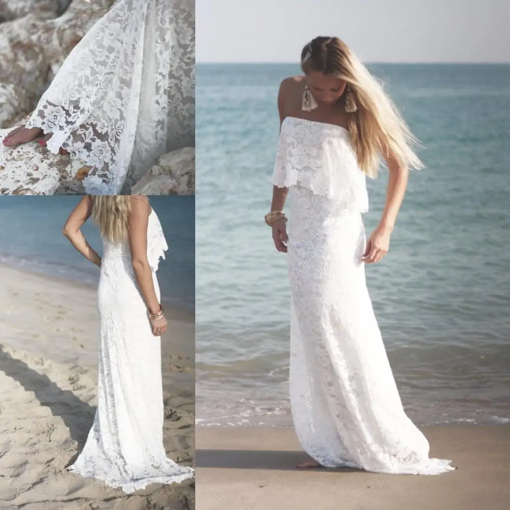 Strapless Lace Wedding Dresses 2019 Boho Bohemian Beach Bridal Gowns Sweep Train Custom Made