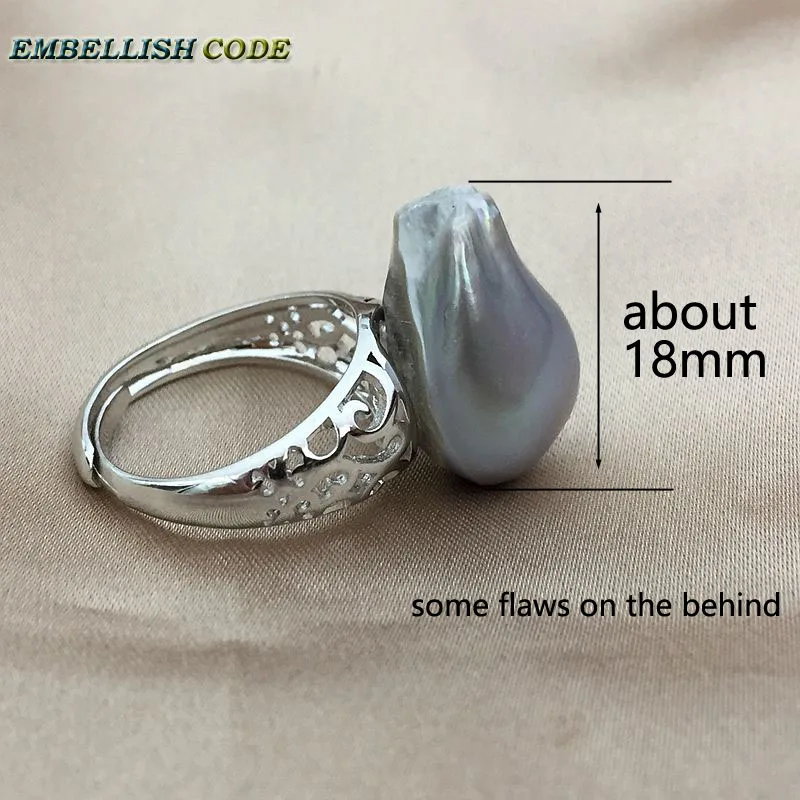 Adjustable size Resize baroque pearl 925 silver Ring simple classical gray Lustrous tissue nucleated fire ball flameball  women