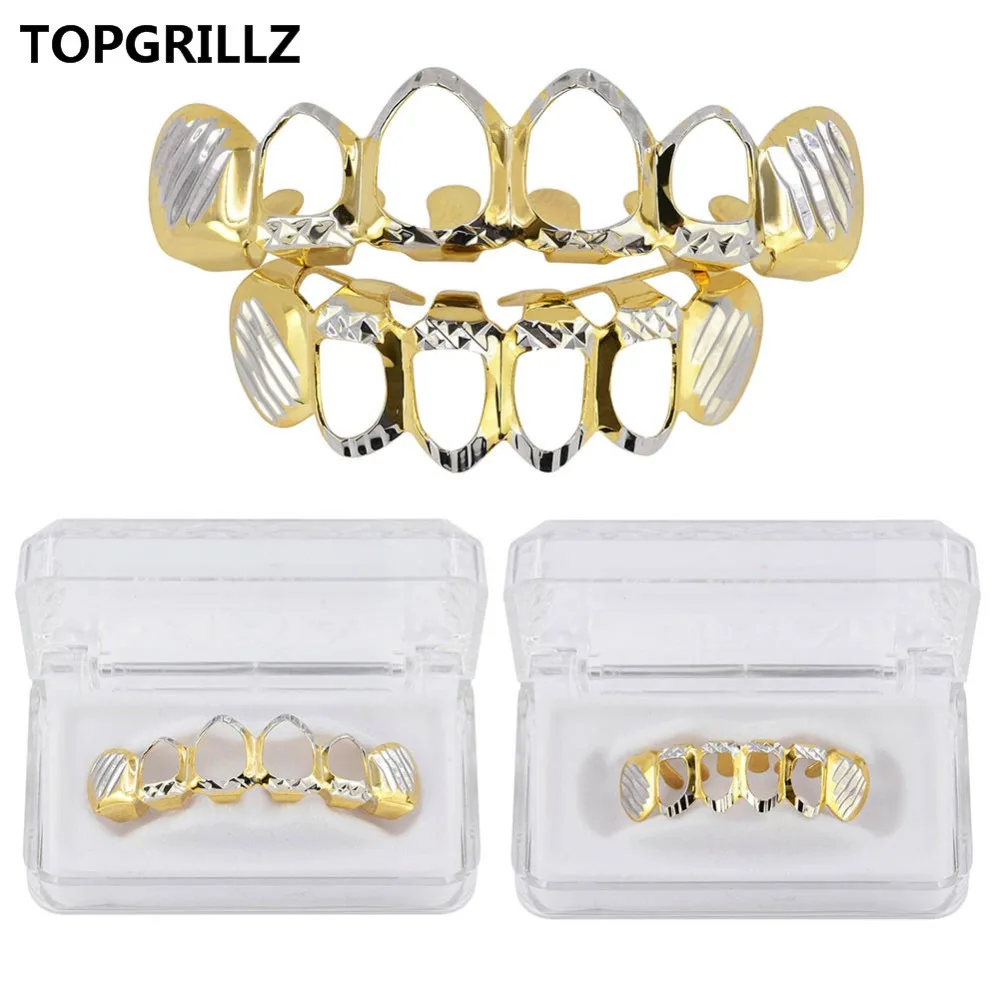 TOPGRILLZ New Gold Silver Color Hollow Open Dlampnd Cut 6 Teeth Top & Bottom Grills Braces Caps Hip Hop GRILLZ Set Party Jewelry