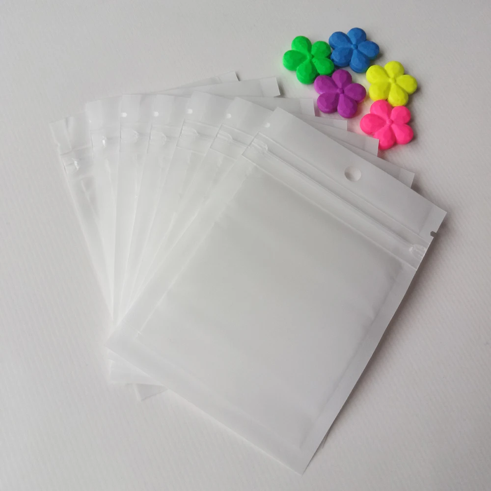 500Pcs 9*16Cm Putih/Clear Self Seal Ritsleting Plastik Kemasan Poli Tas Film Mutiara Ziplock Perhiasan tas Paket dengan Menggantung Lubang