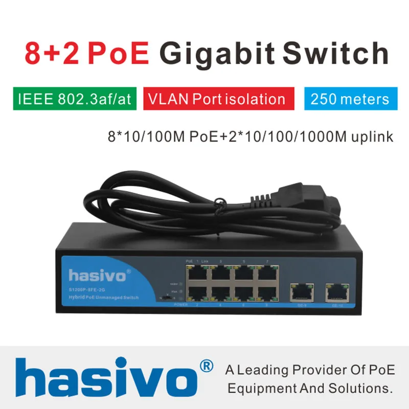 8 Ports  RJ45 Ethernet PoE Switch  2 Uplink  Gigabit Switch  150W