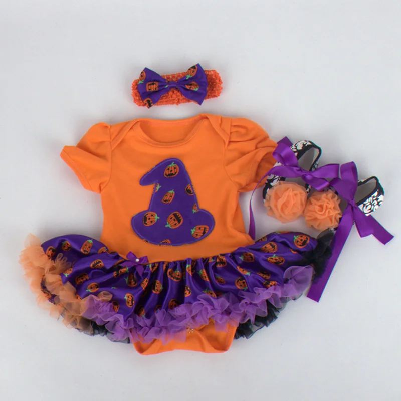 Halloween Baby Girl Clothing Sets Pumpkin Romper Dress Jumpersuit+Headband+Shoes 3pcs Suit Bebe Infant Festival Costumes