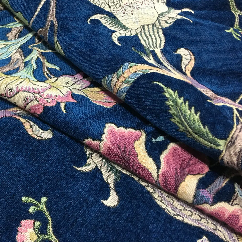 Di lusso Classico Fiori Jacquard Blu Scuro Beige Ciniglia Designer Panno Poltrona Tenda Divano In Tessuto Floreale 280 centimetri 1 metri/lotto