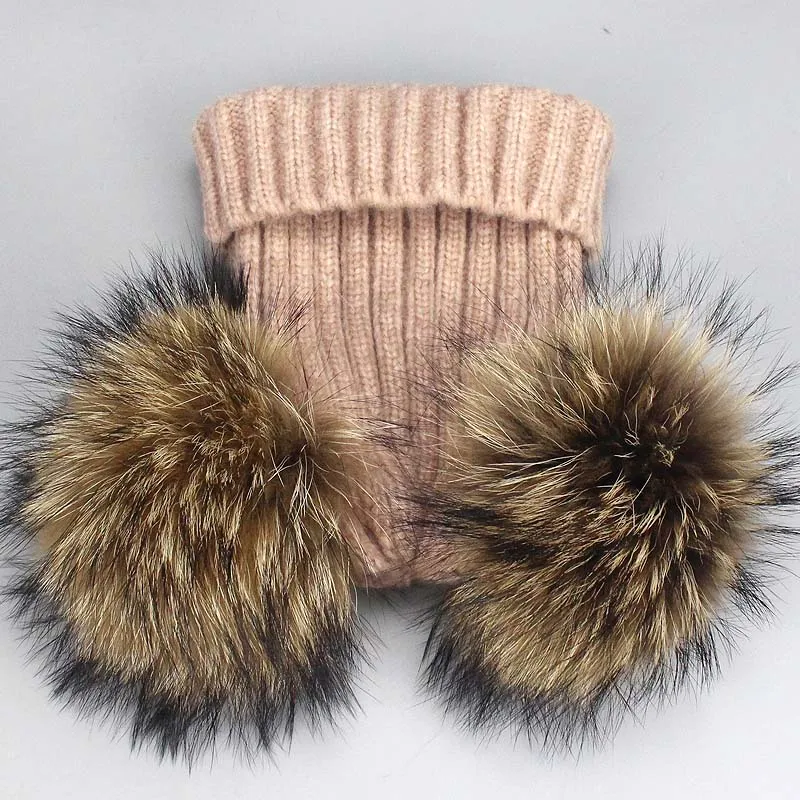 Real Mink Fur Pompom Hat Women Children Winter Caps Knitted Wool Cotton Hats Two Pom Poms Skullies Beanies Bonnet Girls Cap