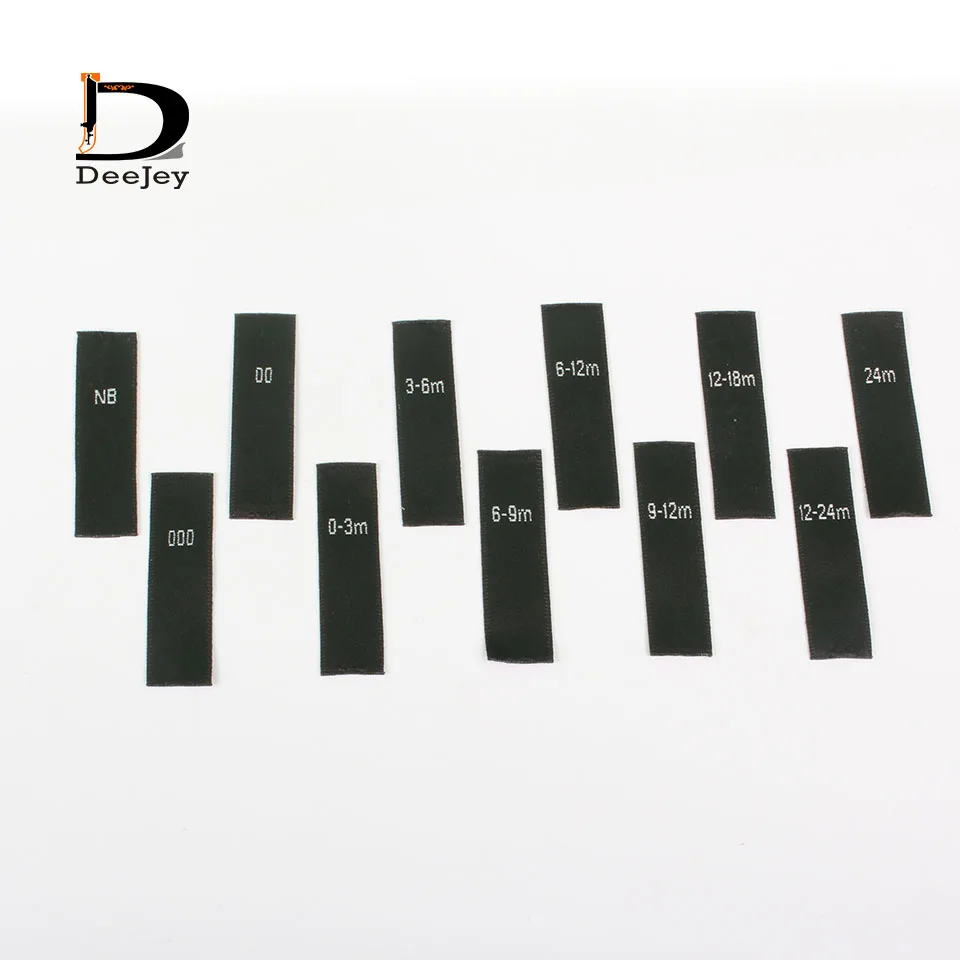 Etiquetas de tamaño para ropa, 1.2x4cm, satinadas, tejidas, tacto suave, negras, para bebé, opciones de talla NB 000 00 etc., lote de 100 unidades.