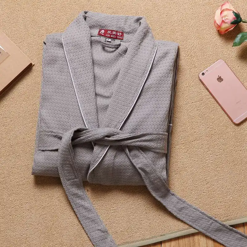 

100% Cotton Women Bathrobe Kimono Robe hotel bathrobe Spring Summer Autumn Waffle Couples bath robe Nightgown Pajamas Grey