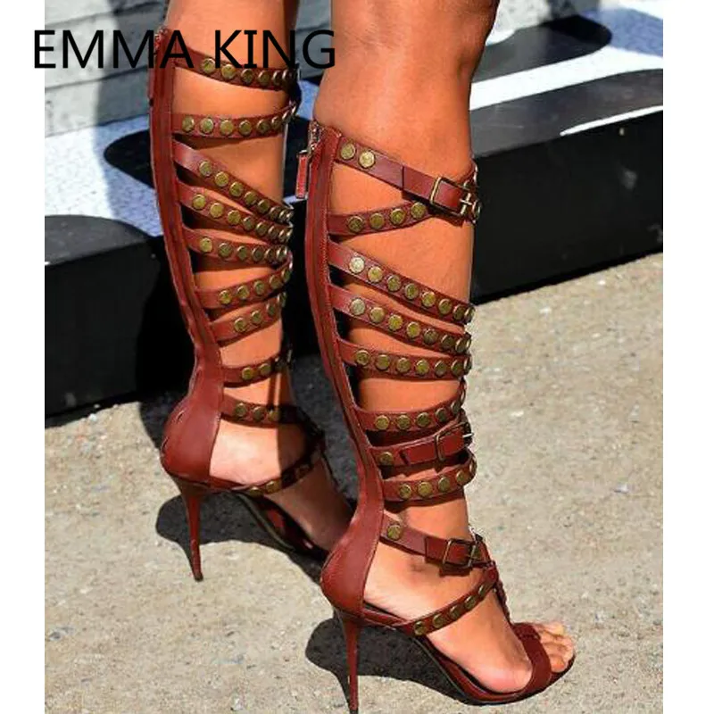 2019 Buckle Metal Button Women Summer Knee High Boots Open Toe Sexy High Heel Ladies Roman Shoes Woman Fashion Gladiator Sandals