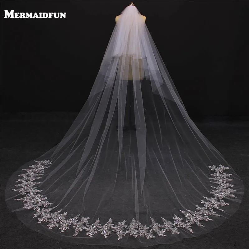 

MERMAIDFUN Real Photos Two Layers Bling Sequins Lace Cathedral Wedding Veils With Comb Two Tiers Bridal Veil Voile Mariage