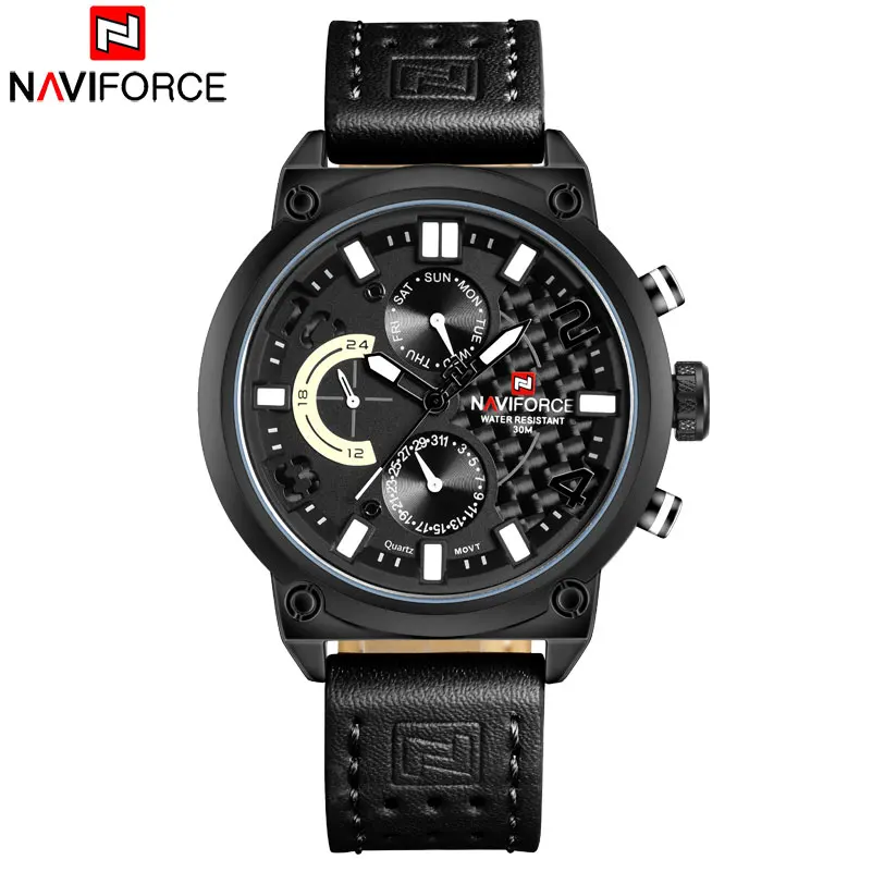 NAVIFORCE Chronograph Men\'s Fashion Casual Quartz Watch Men 30M Waterproof Sport Watches Black Leather 24 Hour Calendar Clock