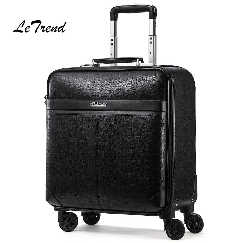 Letrend Business Man Rolling Luggage Spinner 16 inch Cabin Trolley PU Leather Trunk Women Suitcases Wheels Travel Bag