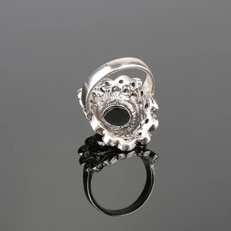 Hot Fashion Flower Silver Plated Rings For Women Vintage Black Ore Resin Crystal Gothic Ring Bohemian Jewelry Gift Free Shipping