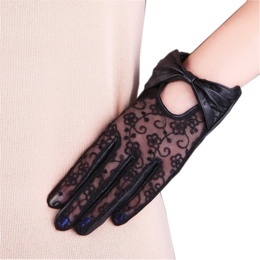 Fashionable Ladies Genuine Leather Gloves Bow Lace Spring / Autumn Sunscreen Sheepskin Gloves Women Short Touch Screen L177N-5