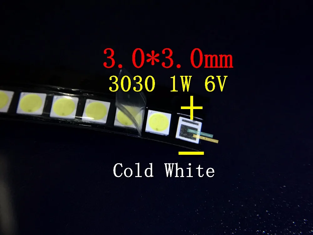 

100PCS/Lot 3030 SMD LED Beads 1W 6V Cold White 70LM 140mA For TV/LCD Backlight 3.0*3.0mm