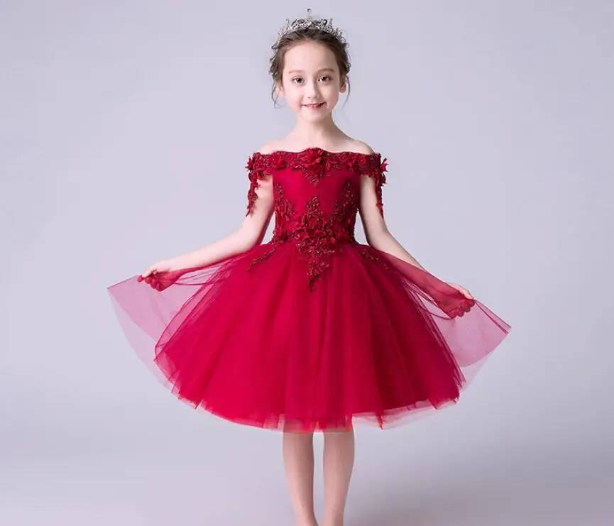 Glizt Red Tulle Strapless First Communion Dress Flower Girl Dresses for Wedding Party Pageant Princess Floral Baby Baptism Gown