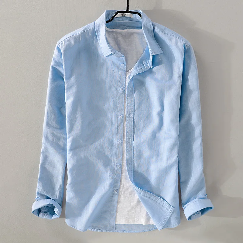 

New style sky blue shirt men brand linen solid fashion long sleeve square collar cotton shirts for men camisas chemise