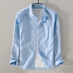 New style sky blue shirt men brand linen solid fashion long sleeve square collar cotton shirts for men camisas chemise