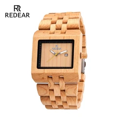 REDEAR Male Natural Wooden Watches Men Antique Birch Wood Square Watch Luxury Casual Quartz Wrist Watch Automatic Brand Watch