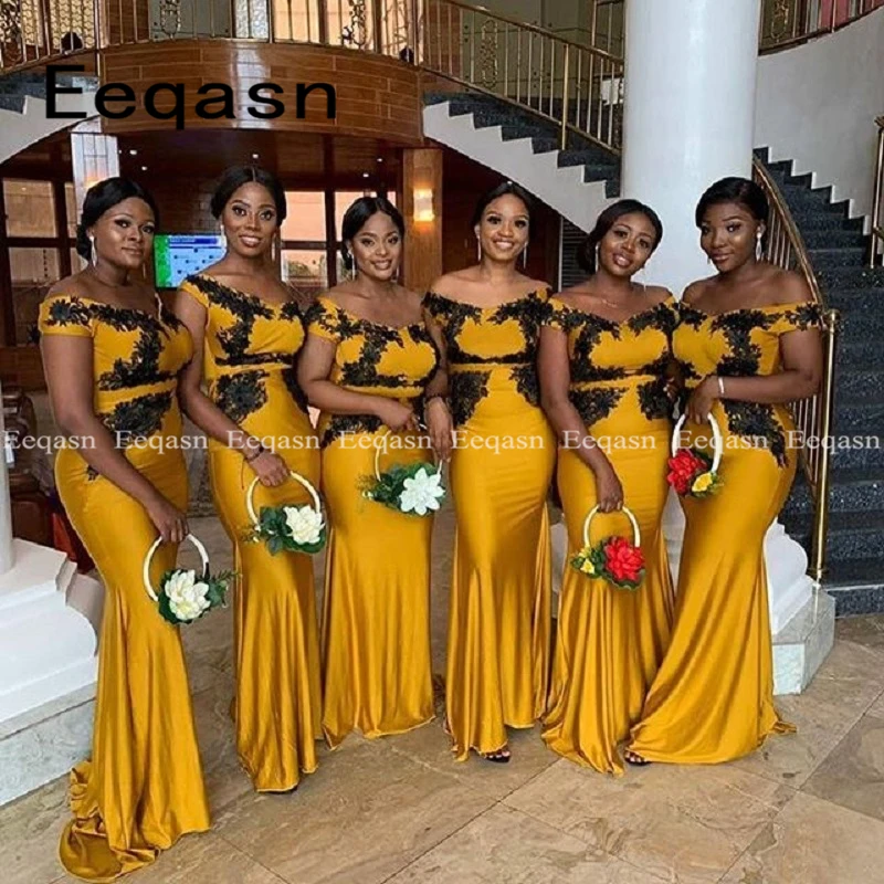 Gold Mermaid Bridesmaid Dresses Long Dress for Wedding Party  African Woman Robe Demoiselle Customized Wedding Guest Dress