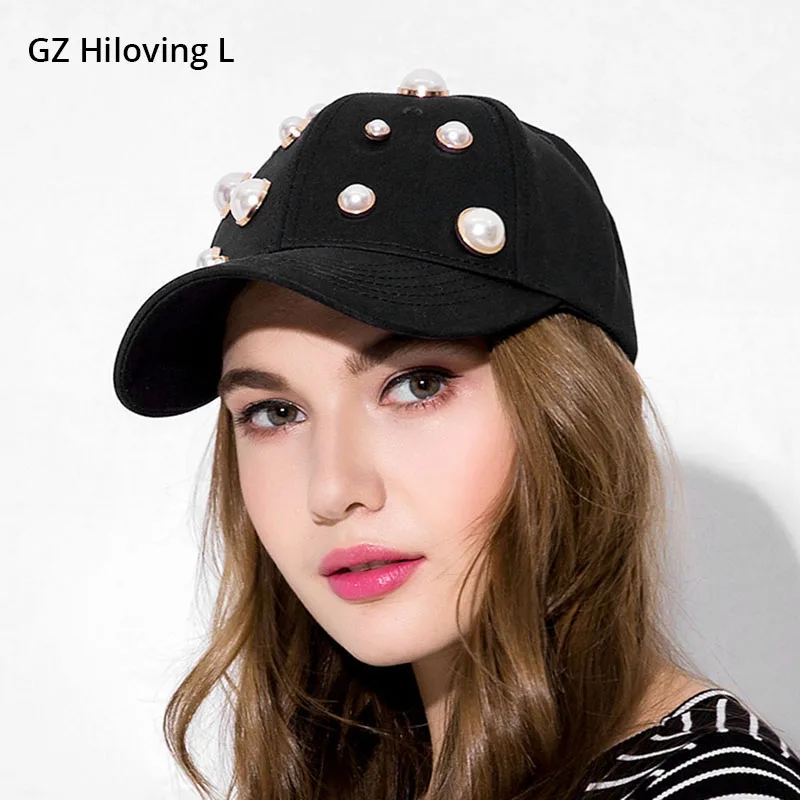 

GZHilovingL New Summer Female Black Baseball Cap Fashion Women Solid Snapback Cap With Pearl Cotton Hip Hop Hat 2018 Dad Hats