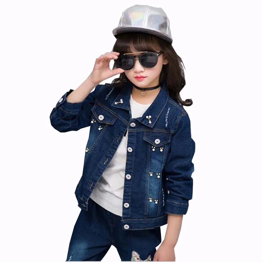 Children clothes kids butterfly cowboy jeans outwear kids cotton jeans jacket top+pants 4-14 Y girls clothing sets girls clothes