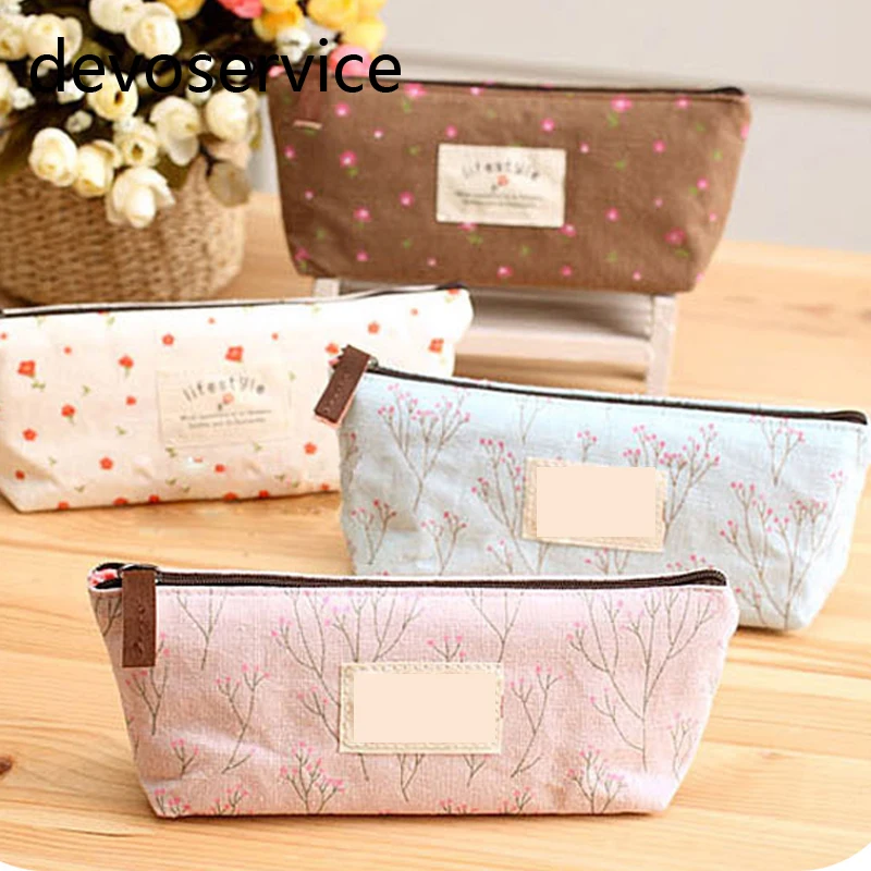 1Pcs Cute Flower Floral Pencil Bag For Girls Canvas Pencil Pen Case Cosmetic Storage Purse Zipper Pouch Office School Supplies