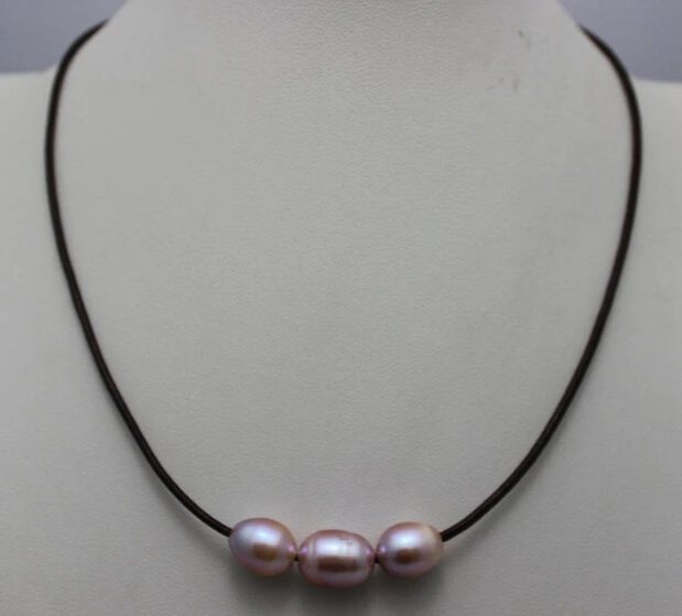 Fast SHIPPING brown leather 3beads natural colors purple fresh water pearl necklace10x12mm 17