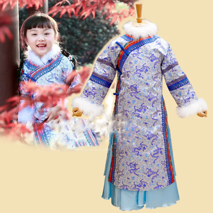 Tu Ya Winter Fur Clothing Qing Dynasty Mongolia Princess Costume Hanfu Qifu for Little Girl Photography Use Stage Performance