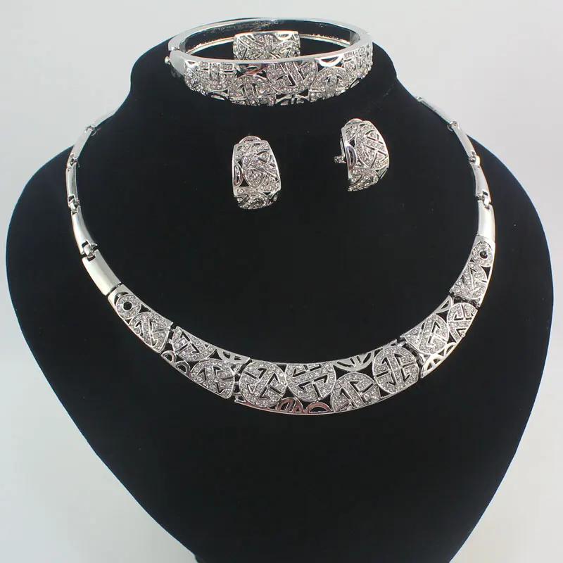 Fashion Dubai Silver Plated Full Rhinestone Jewelry Sets Trendy Nigerian Wedding African Beads Party Gift Set