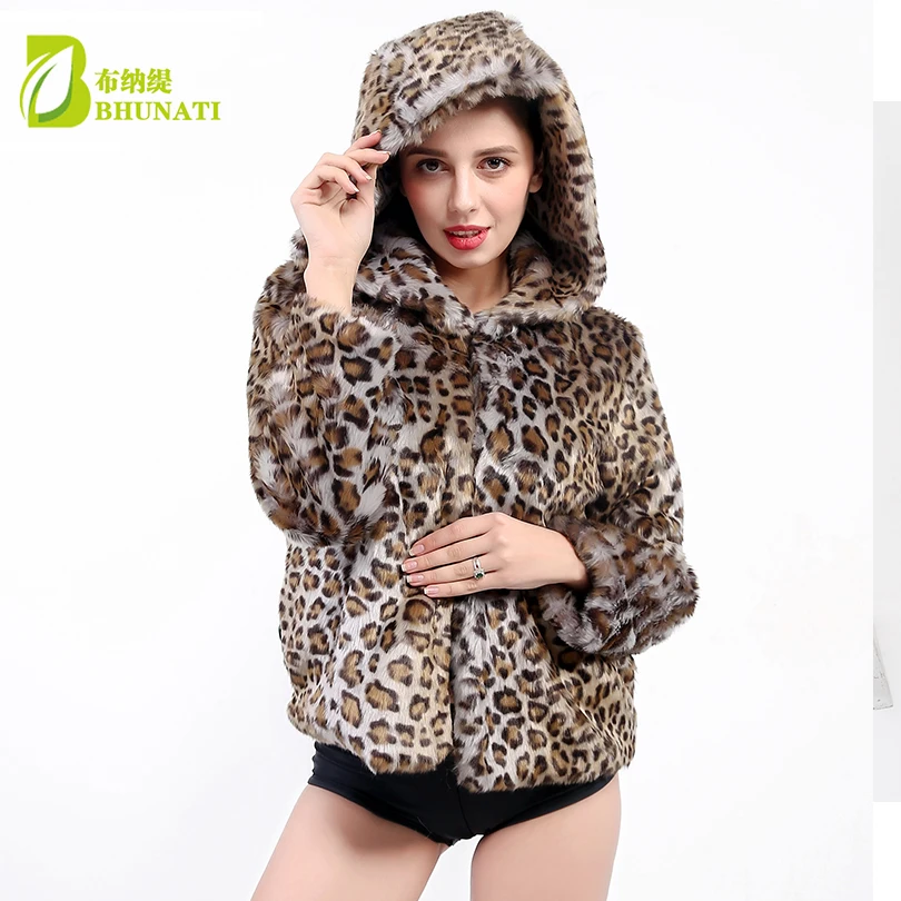 Phụ nữ có mũ Lông Thú Giả Áo Khoác Da Báo Làm Dày Ấm Áp Mùa Đông Áo Khoác Hoodie Thời Trang Cho Ngắn áo Casaco De Pele Falso