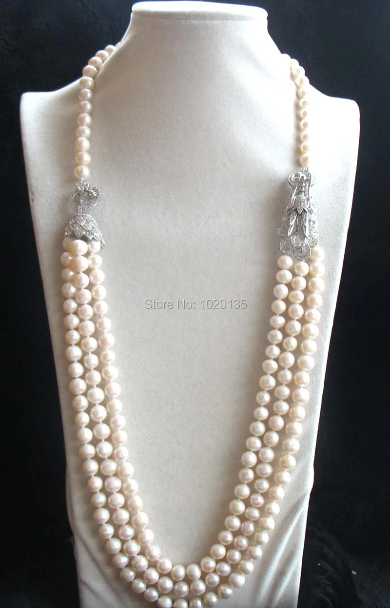 

3rows freshwater pearl near round 8-9mm necklace 28-30inch and dragon clasp FPPJ