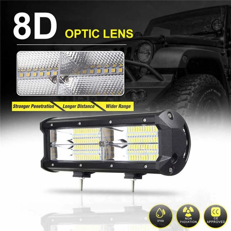 7inch 216W 8D Aluminum LED Work Light Bar Flood Driving Lamp SUV ATV Offroad 4WD 21600LM