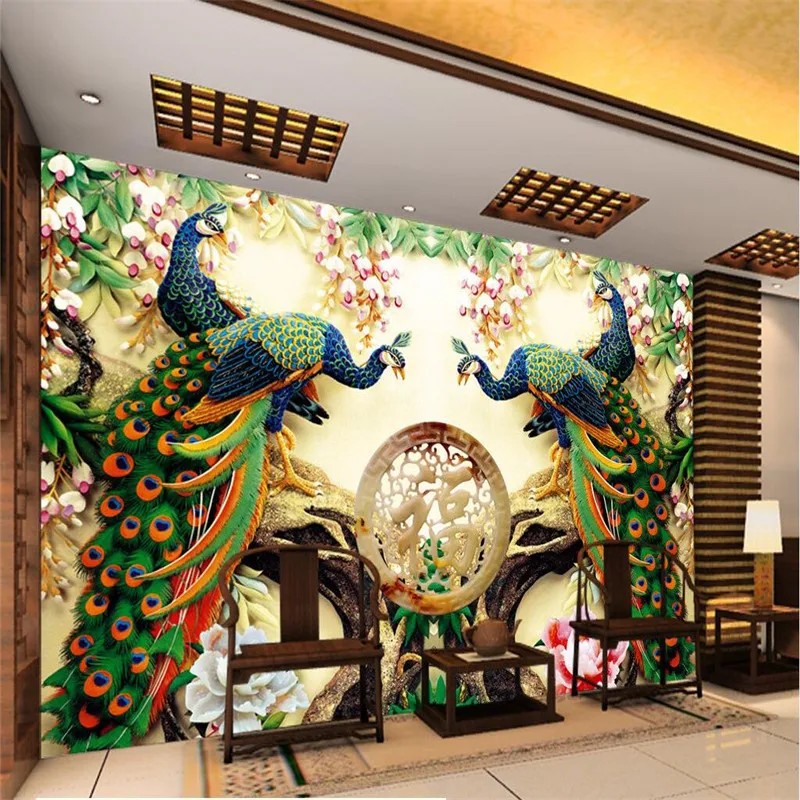 beibehang Large Painting Home Decor Peacock green branches De Pared 3d Wallpaper Hotel Background Modern Mural for Living Room