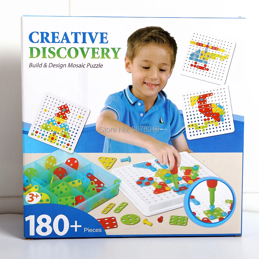 

DIY Discovery Build Design Mosaic Puzzles Play Toys Set with Screw Nuts Tools Creative and Educational Gift for Kids 180+PCS