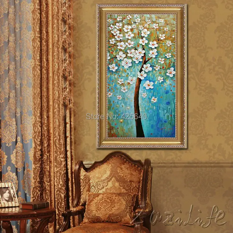 Oil painting On Canvas Wall Pictures Paintings For Entry Way Canvas Wall Art Palette Knife Hand Painted Blue White Flower Tree