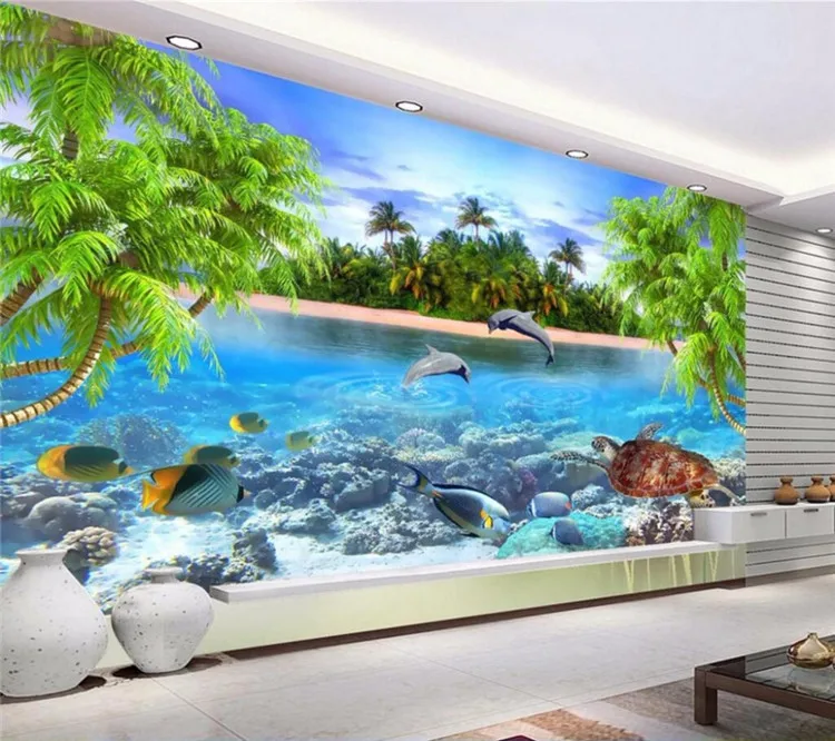 

TV background wall paper living room custom mural 3d background wall covering seascape scenery blue sky white clouds sea wall