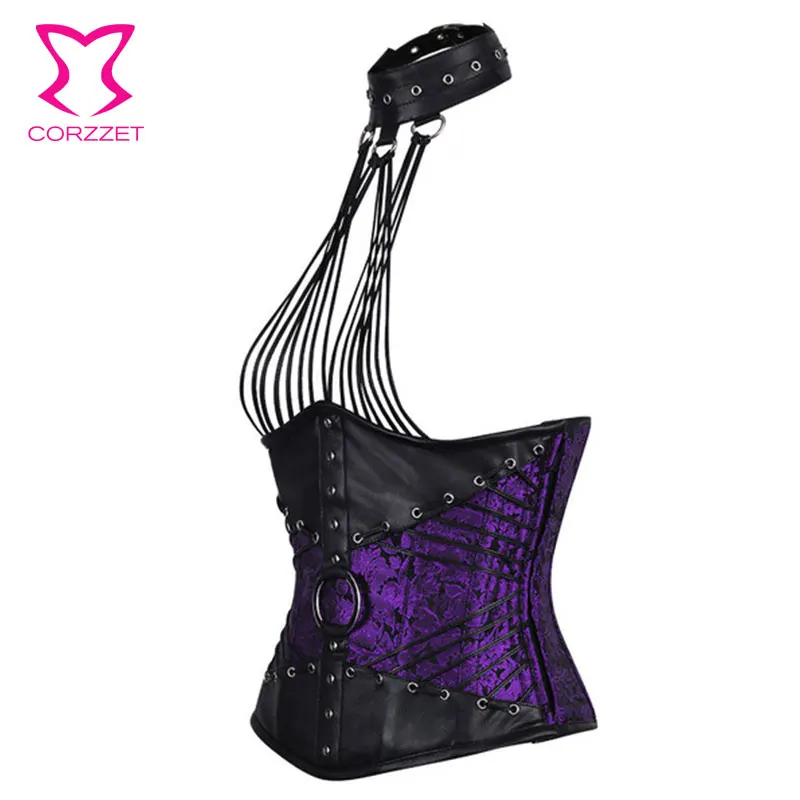 Corzzet Purple Leather Halter Underbust Sexy Corsets And Bustiers Steel Boned Waist Slimming Plus Size Steampunk Gothic Clothing