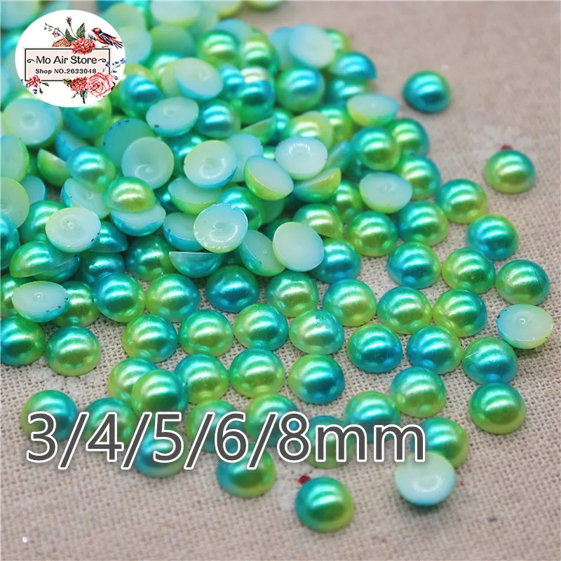 3/4/5/6/8mm green duotone half round pearl Beads ABS Resin Flatback cabochon Simulated pearl Beads DIY beads