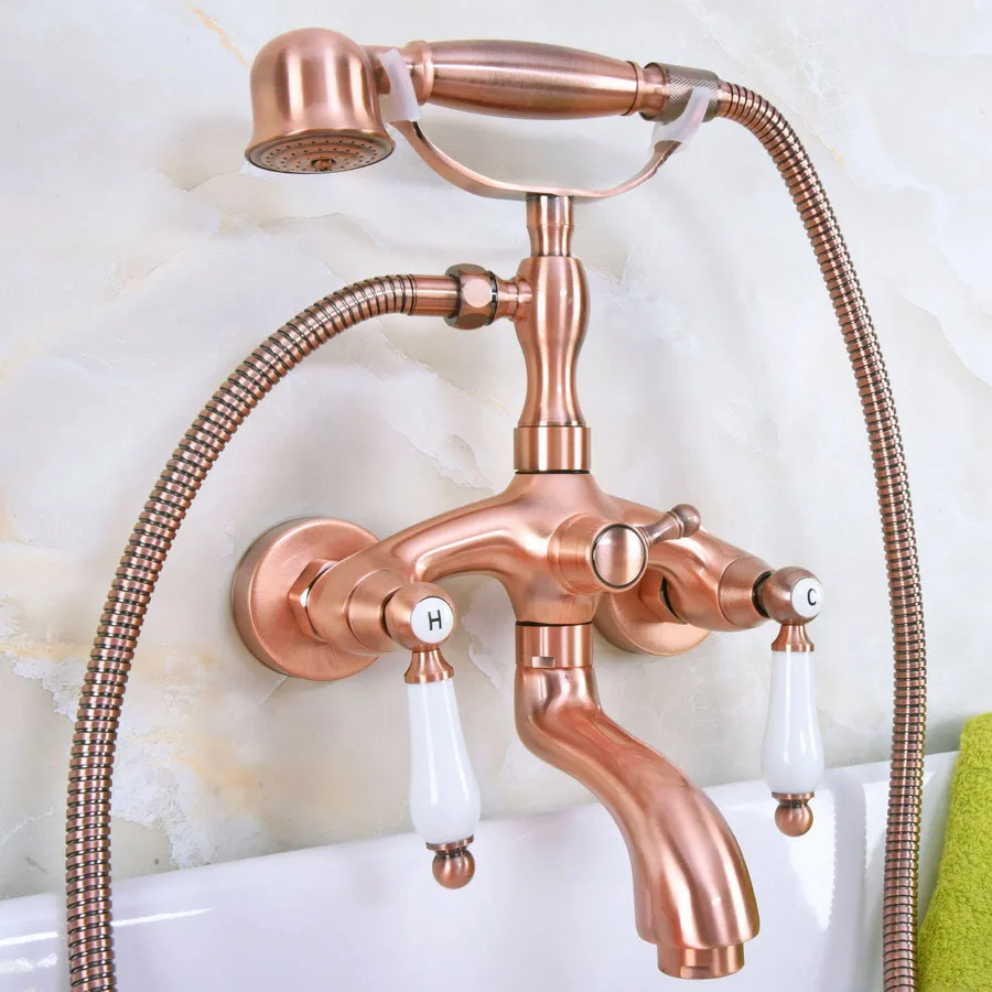 

Antique Red Copper Brass Double Ceramic Handles Wall Mounted Bathroom Clawfoot Bathtub Tub Faucet Mixer Tap w/Hand Shower ana310