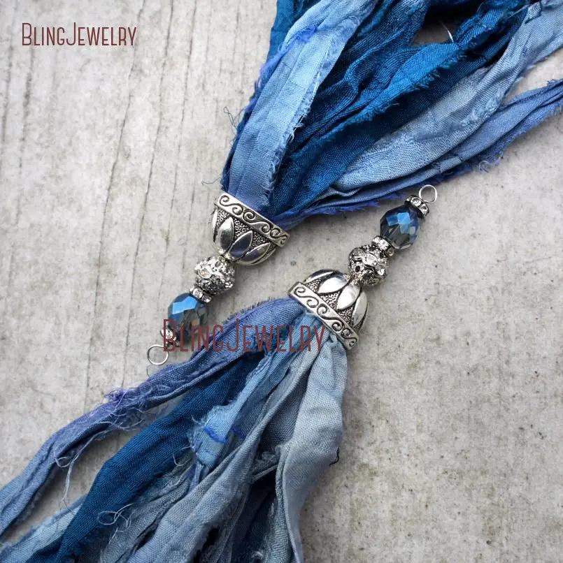 Blue Shades Sari Silk Tassel Pendant Antique  Cap and  Crystal Accent PM9120