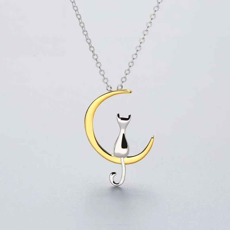 

Cute Cat Moon 925 Sterling Silver chain pendants necklace For Women Rhodium plated silver choker jewelry necklaces for girls