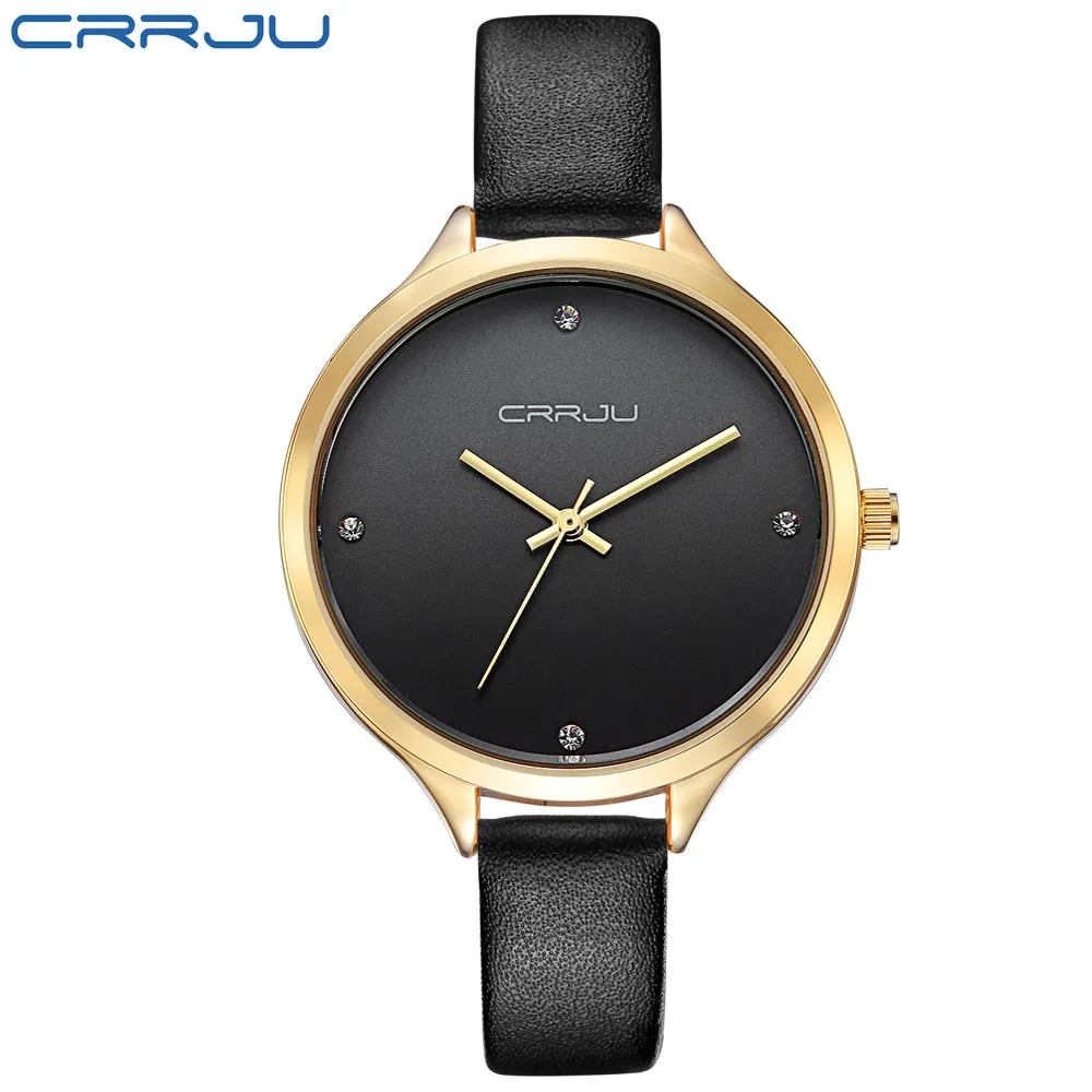 High Quality CRRJU Brand Leather Watch Women Ladies Fashion Dress Quartz Wristwatches Roman Numerals Watches Christmas gift