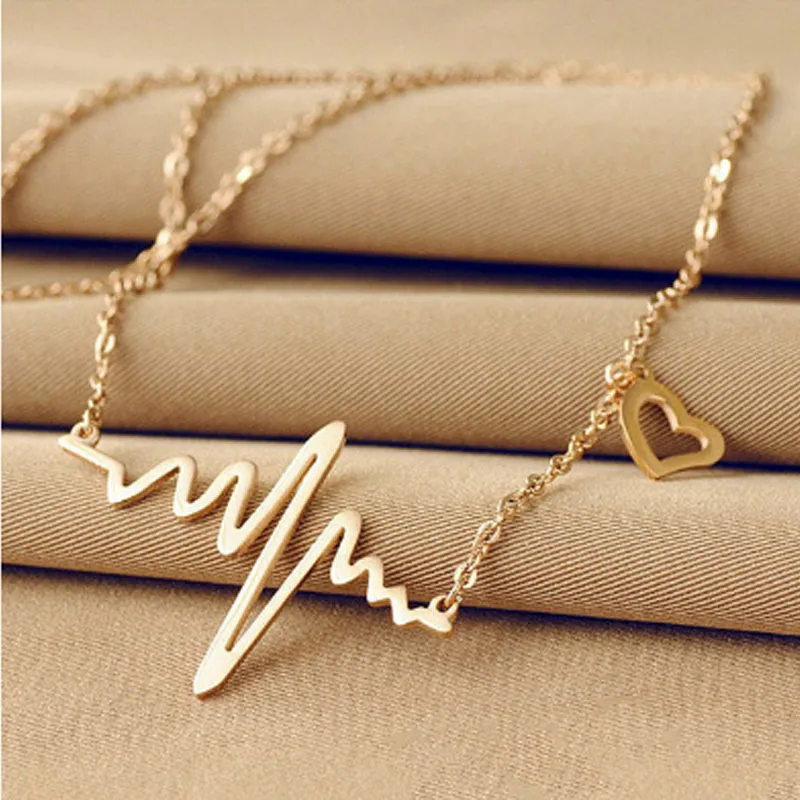 New Fashion ECG Pendant Love Heart Necklace Collier for Women Wedding&Engagement Jewelry Girl Gift Collares Long Clavicle Chain