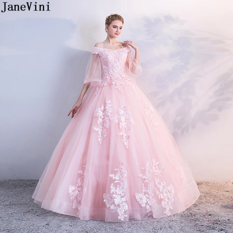 JaneVini Charming Sequined Pink Quinceanera Dresses 2019 V Neck Lace Appliques Pearls Backless Plus Size Ball Gown Robe 16 Ans