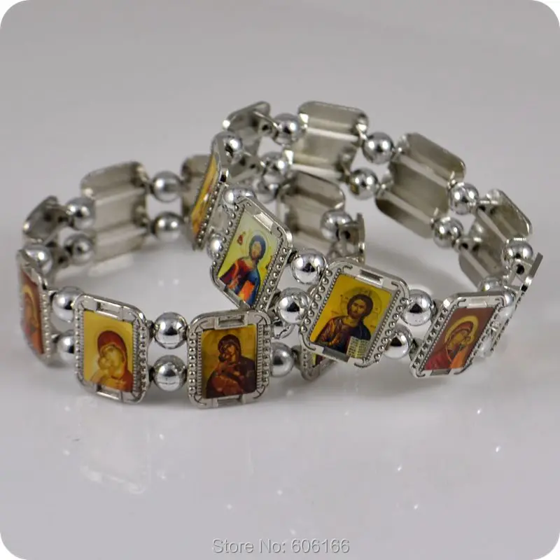 Orthodox Icon Rosary Beads Bracelet JESUS Virgin Mary Fashion Religious Jewelry Alloy Elastic Bracelets