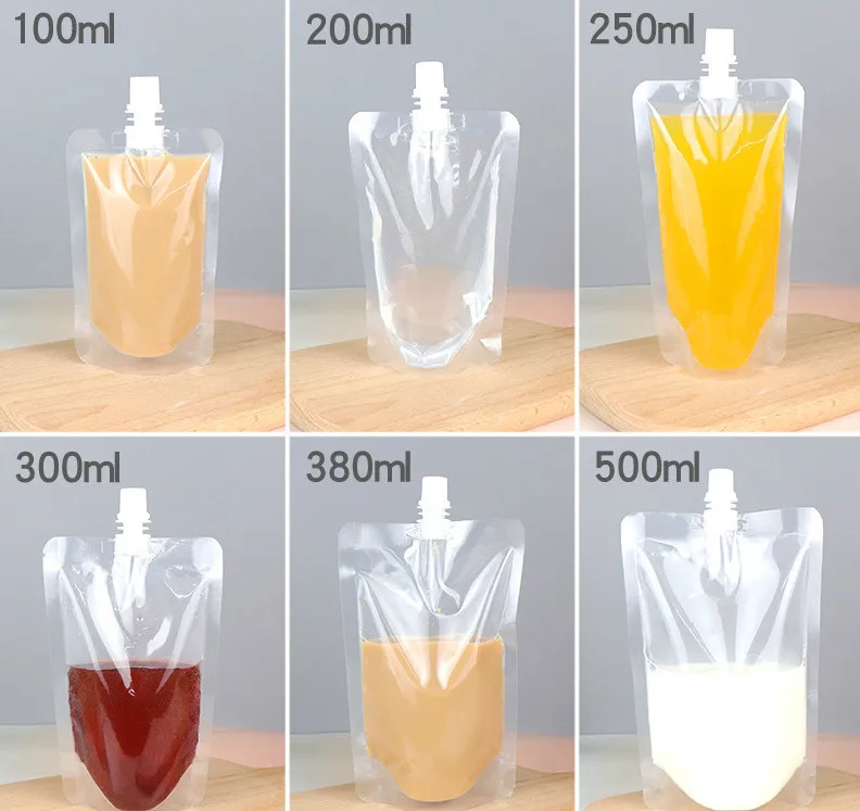 100pcs 30ml~600ml Transparent Stand up Spout Beverage Bags Plastic Spout Pouches for Party Wedding Fruit Juice Beer with Funnels