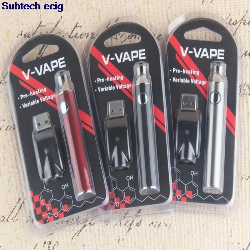 

100PCS V-VAPE Preheat VV Battery Blister Kit 650mAh Variable Voltage With USB Charger For 510 Wax Thick Oil Preheating Cartridge