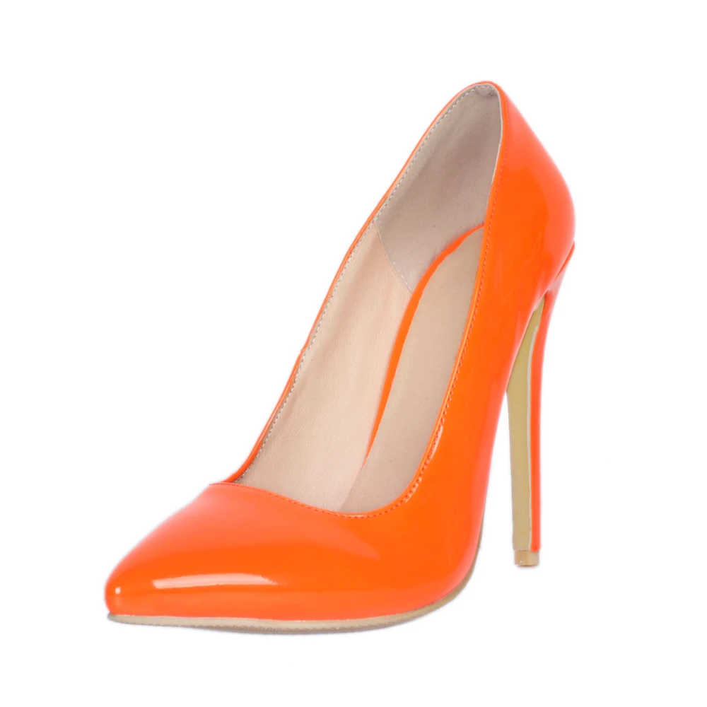 

Women Pumps Pointed Toe Slip on Patent Leather High Heels Woman Ladies Fashion Orange Thin Heel Zapatos Mujer Plus Size